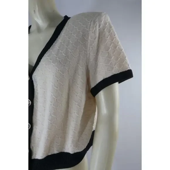 Vintage St. John Collection Knit Cardigan Ivory Black Trim Short Sleeve Size 6 - Picture 10 of 16